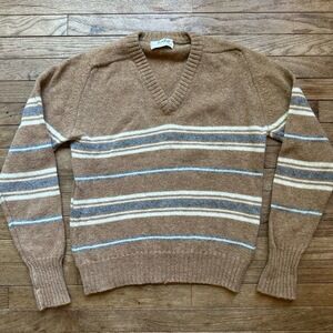 Lord Jeff Vintage Sweater V-neck Long Sleeve Retro Large Brown Blue Striped